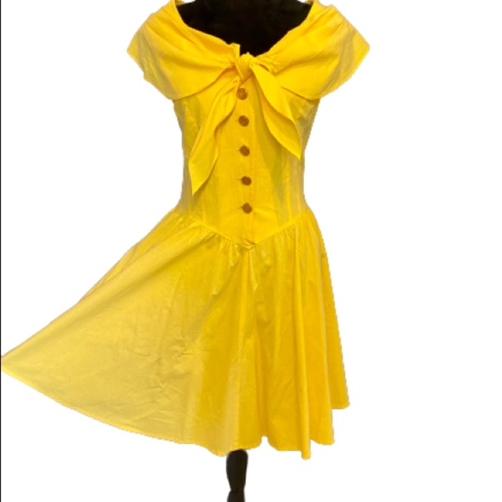 1980s Nautical Military Dress Sunny Yellow Pockets Fit and Flare Vintage Collar - Picture 2 of 8